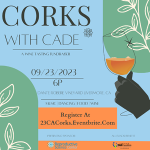 Promo photo with copy about the Corks with Cade 2023 fundraising event | RSC SF Bay Area